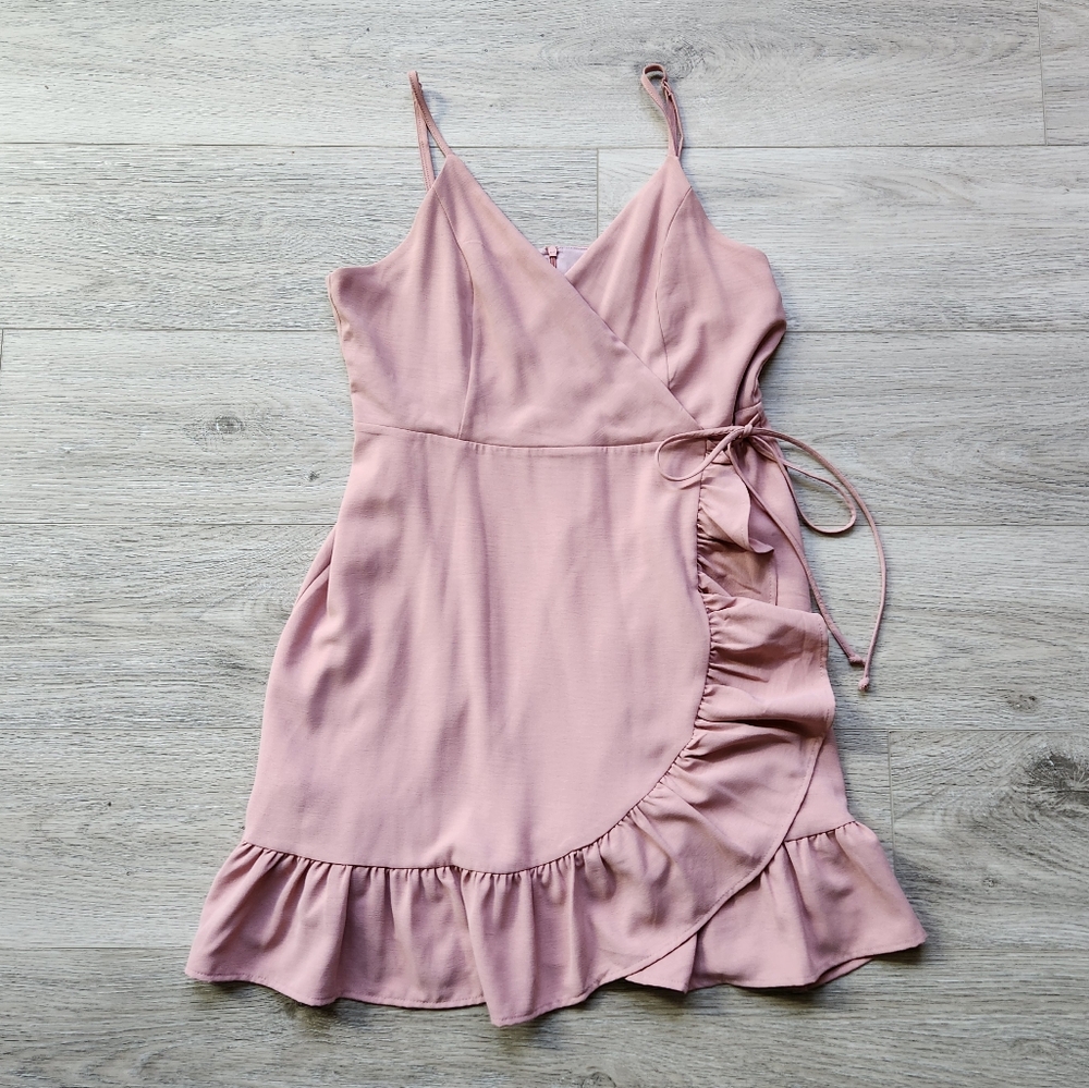 Altar'd State Pink Dress Womens Large Faux Wrap Ruffles Spaghetti Straps